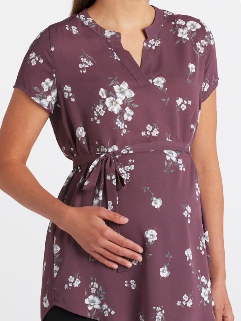 Full Moon Womens Maternity Plum Purple Floral Tie Waist Tunic Top
